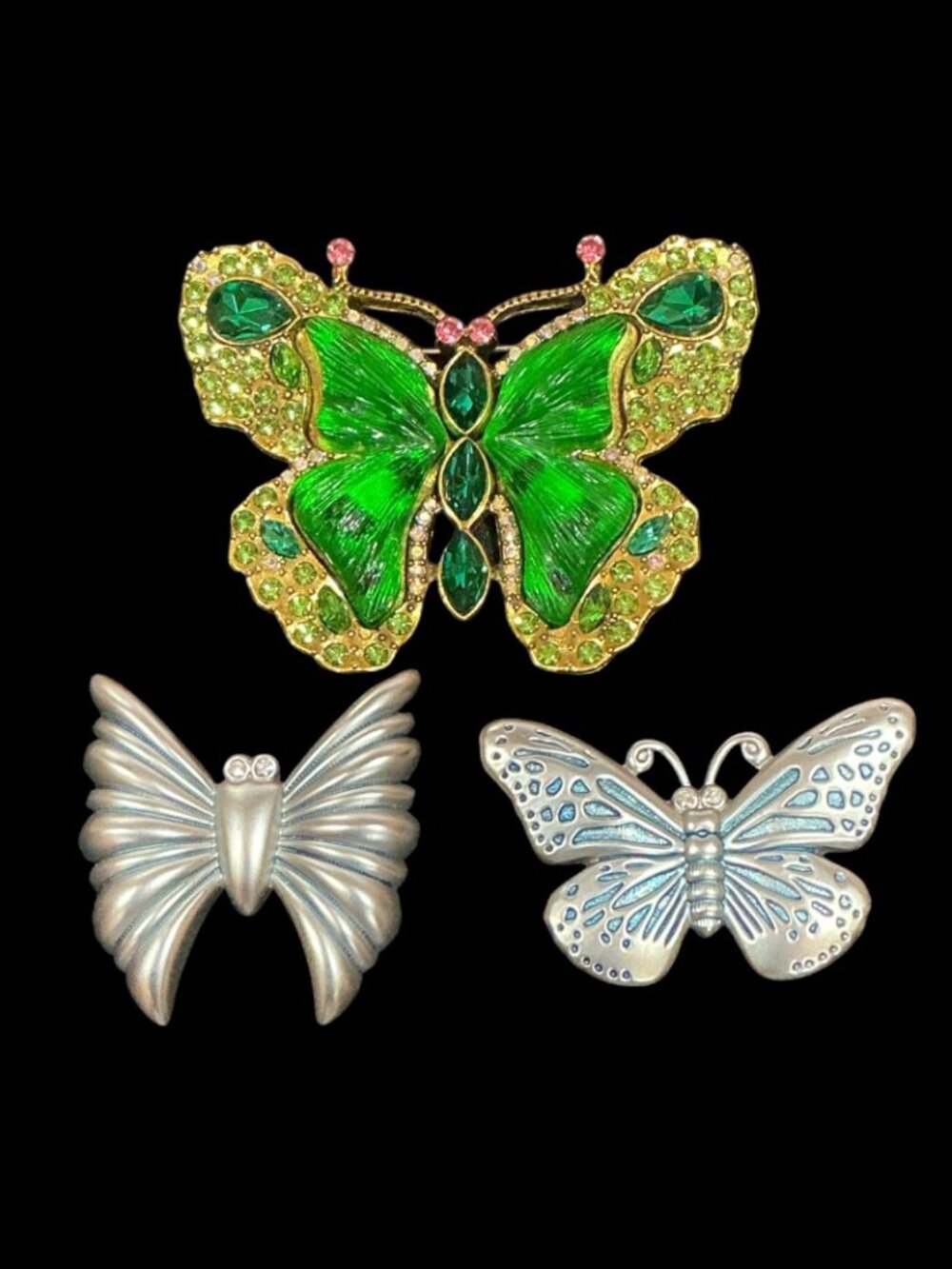 Lot 3 Modern Butterfly Brooches Green Rhinestone Enamel Silver Tone Pins